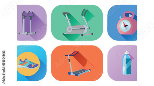 Illustration of gym equipment including elliptical, exercise bike, timer, shoe, treadmill and water bottle