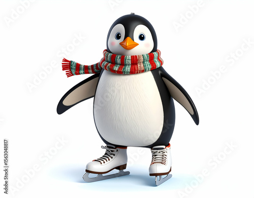 Adorable Cartoon Penguin Ice Skating Winter Fun Illustration