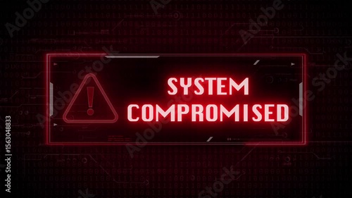 A cybersecurity alert screen showing system compromised warning with red interface, breach detected icon, and urgent visual UI. Ideal for cybersecurity, IT, or business risk content.