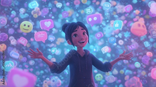 Happy young woman surrounded by social media icons