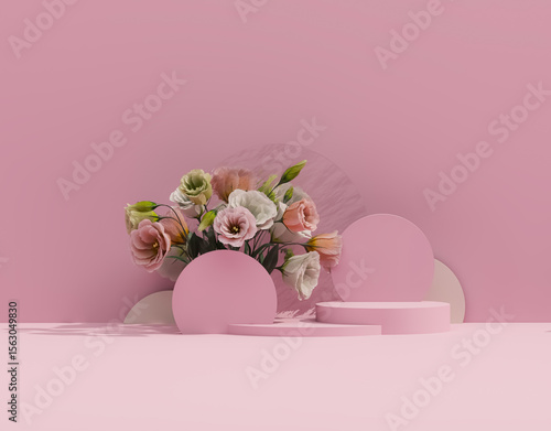 3D podium display, pastel pink background with rose flowers. Peonies flower and palm leaf shadow. Minimal pedestal for beauty, cosmetic product. Valentine, feminine copy space template 3d render	