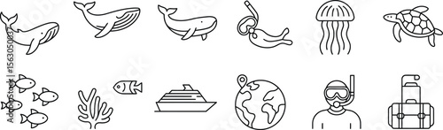 Marine Life and Ocean Exploration Icon Set Featuring Whales, Coral, Jellyfish, Turtle, Diving, Submarine, and Cruise Ship
