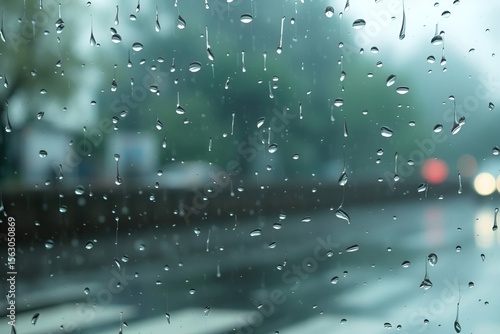 Raindrops on the window glass form intricate patterns. Each drop contains a tiny world inside, reflecting muted light and creating a mesmerizing scene of calm and introspection