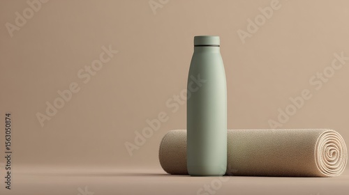 Green reusable water bottle and rolled yoga mat on beige background