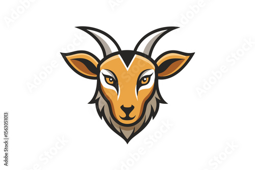 Bold stylized goat's head fiercely stares with prominent horns and wide ears isolated in black