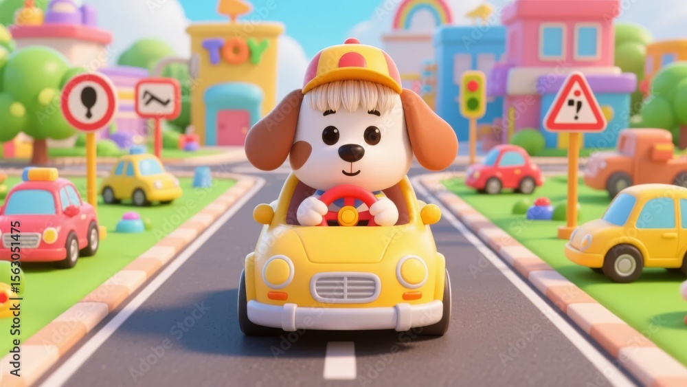 Obraz premium Cute cartoon dog driving a yellow car on a colorful street with buildings and parked cars.