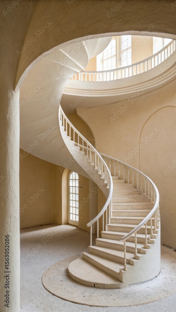 Obraz premium Elegant spiral staircase with white balustrade and natural light from windows in a classic architectural design