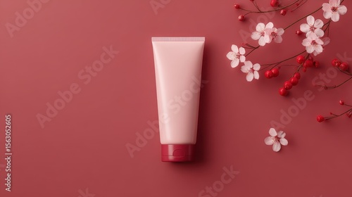 Wallpaper Mural Pink cosmetic tube with cherry blossom flowers on a pink background Torontodigital.ca