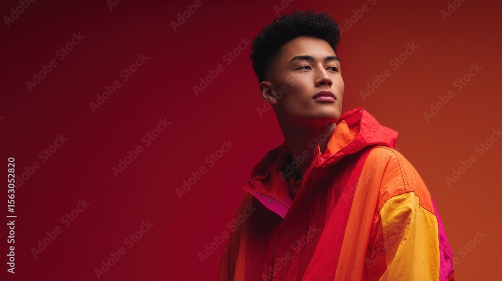 Obraz premium an Asian man in colorful hoodie looking away on gradient background