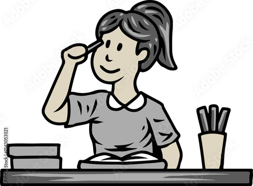 Student Thinking While Studying at Desk