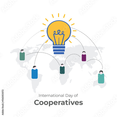 International Day of Cooperatives vector, illustration. July 6. People icon on world map showing exchange of ideas and cooperation.