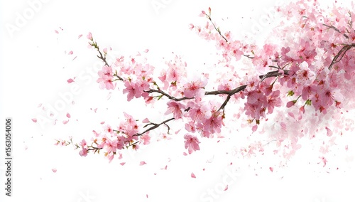 Delicate pink cherry blossom branch with falling petals against a stark white background, conveying a sense of spring and fleeting beauty