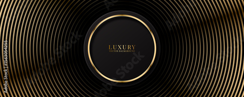 3D black luxury abstract background overlap layer on bright space with golden circles lines decoration. Modern graphic design element stripes style concept for web, art, flyer, card, or brochure cover