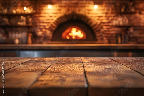 Rustic wooden table in front of a brick oven restaurant