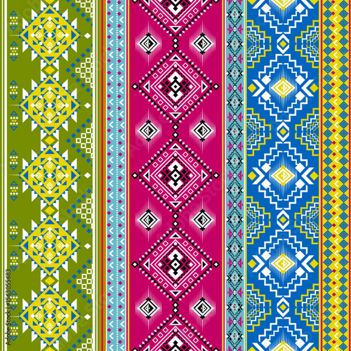 Colorful vertical tribal pattern with geometric diamond shapes, inspired by traditional ethnic textile designs. Perfect for fabric prints, fashion, and digital backgrounds.