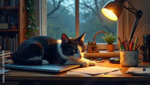 Cozy home office with cat lying on laptop and coffee cup nearby