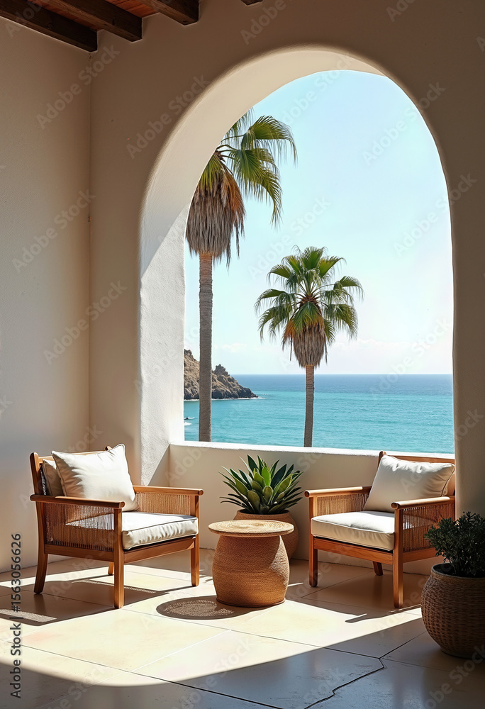 Fototapeta premium A serene Mediterranean terrace perfectly framed by a beautiful arch, with two elegant armchairs offering a tranquil escape and a stunning view of the sea. 