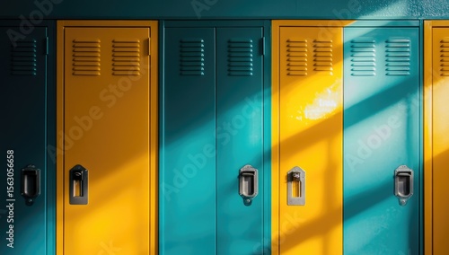 Row of colorful school lockers in sunlight