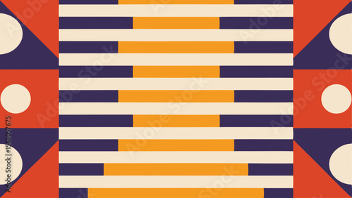 Abstract geometric pattern featuring stripes circles squares and triangles in bold color blocks design