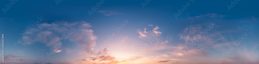Sunset sky with bright glowing pink Cirrus clouds. Seamless spherical HDR 360 panorama. Full zenith or sky dome in 3D, sky replacement for aerial drone panoramas. Climate and weather change. Sunset sky with bright glowing pink Cirrus clouds. Seamless spherical HDR 360 panorama. Full zenith or sky dome in 3D, sky replacement for aerial drone panoramas. Climate and weather change.