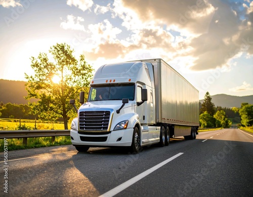 White semi-truck on scenic road with sunset light – transportation and delivery logistics
