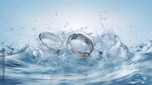Two silver rings surrounded by waves and splashes of water, symbolizing purity, love, and the eternal unity of a couple in a romantic atmosphere.
