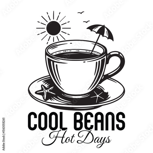 A cool beans hot days graphic featuring a coffee cup with a beach umbrella sun and decorative starfish elements