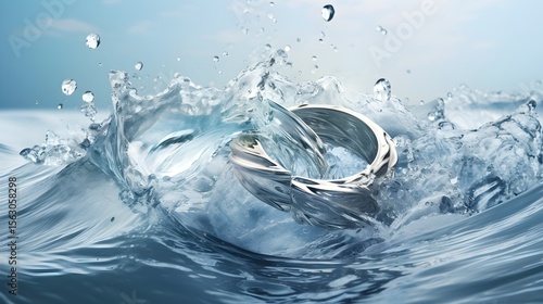 Two silver rings surrounded by waves and splashes of water, symbolizing purity, love, and the eternal unity of a couple in a romantic atmosphere.