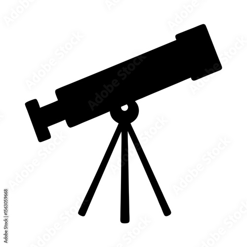 Black Telescope on Tripod Icon, A black silhouette of a telescope on a tripod, symbolizing space observation, astronomy, and scientific exploration.
