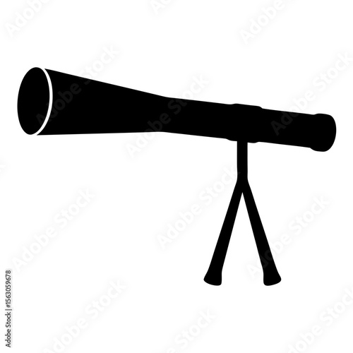 Black Telescope Icon on Tripod, A black silhouette of a telescope on a tripod, symbolizing astronomy, exploration, and space observation.
