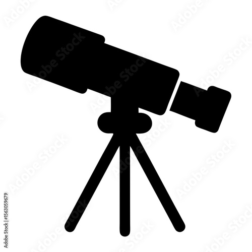 Black Silhouette of Telescope on Tripod, A black silhouette of a telescope mounted on a tripod, symbolizing space exploration, astronomy, and scientific observation.
