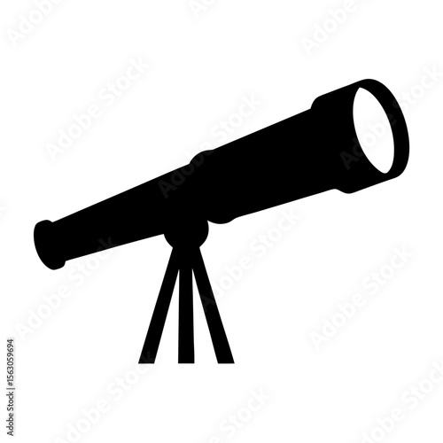 Black Telescope Icon with Stand, A black silhouette of a telescope mounted on a stand, symbolizing astronomy, exploration, and space observation.
