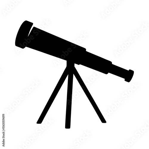 Black Telescope Icon on Tripod, A black silhouette of a telescope mounted on a tripod, symbolizing space exploration, astronomy, and scientific study.
