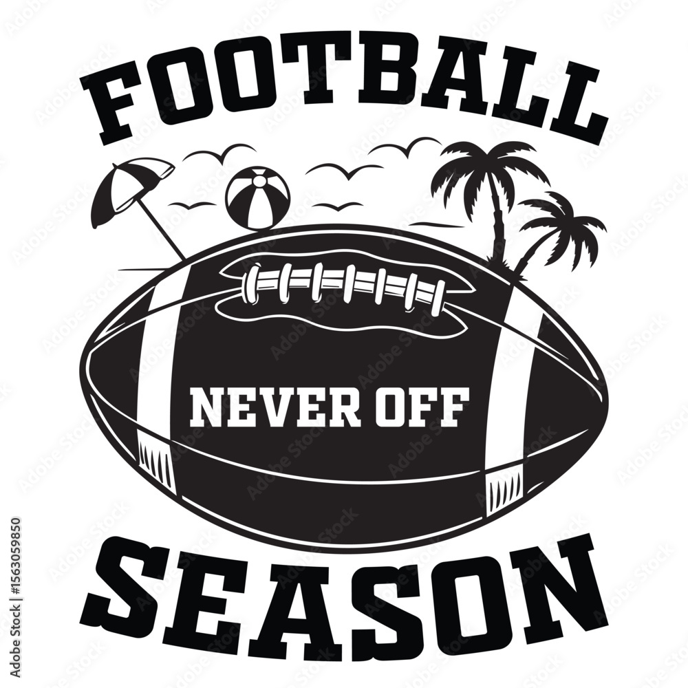 Obraz premium Black and white american football illustration depicting the never off season beach theme graphic design