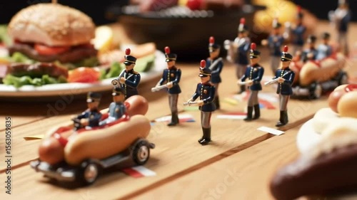 Wallpaper Mural Miniature Action Figures Parade with Hot Dogs, Fun Food Scene, Wooden Tabletop, Creative Photography, Playful Environment, Top-Down View Torontodigital.ca