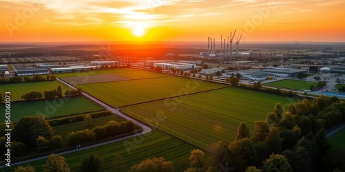 Frankfurt industrial park sunrise, green fields visible, factory, sky