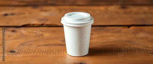 Disposable coffee cup on rustic wooden surface,  wooden background,  template