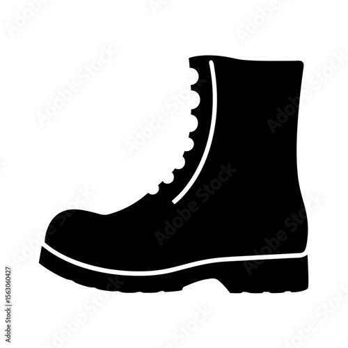 Black silhouette of a laced military or work boot on white background