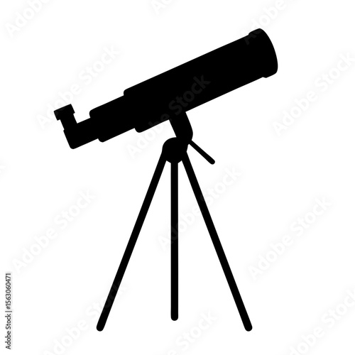 Black silhouette illustration of a refracting telescope on a three legged stand