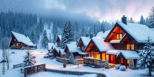 Cozy snow-covered houses nestled in a winter wonderland, idyllic snowy landscape,  nature,  mountains