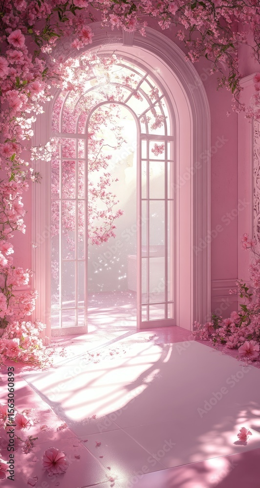 Obraz premium Pink floral archway, sunlight streams through