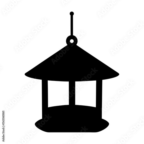 Stylized black and white image of a classic hanging bird feeder shape
