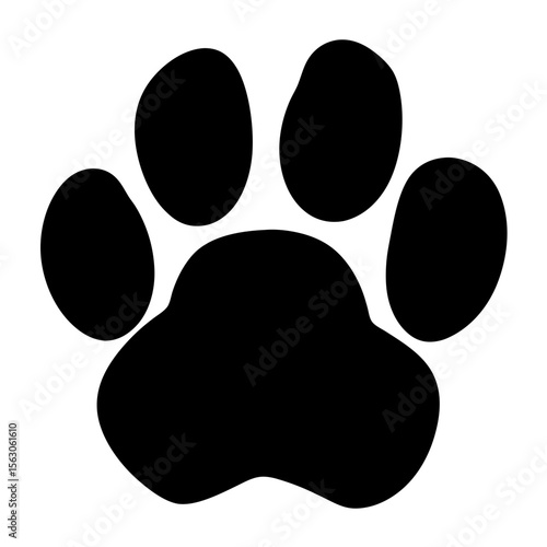 Simple black silhouette of a paw print on a white background