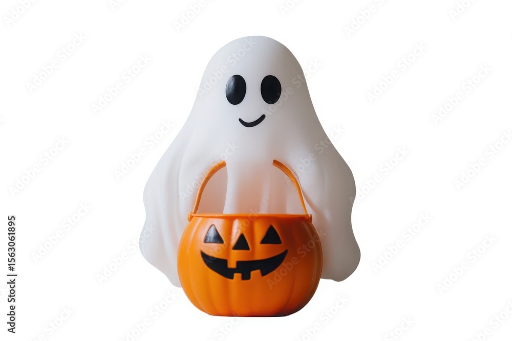 Fototapeta premium Friendly ghost holding a jack o lantern candy bucket isolated on white background