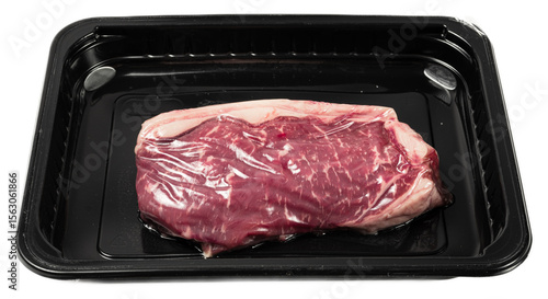 Juicy marbled raw striploin steak in vacuumsealed plastic tray, fresh beef cut with rich texture and vibrant red color, ready for cooking or grilling