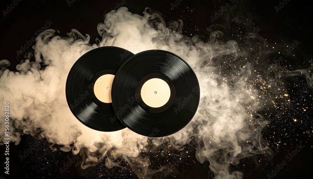 Obraz premium Two Black Vinyl Records with Yellow Labels Floating in a Smoky Background