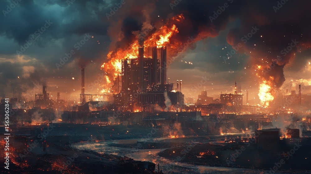 Fototapeta premium Burning city with raging fire and dark smoke on a dark, cloudy sky. Use to illustrate disaster, war, destruction, or environmental catastrophe.