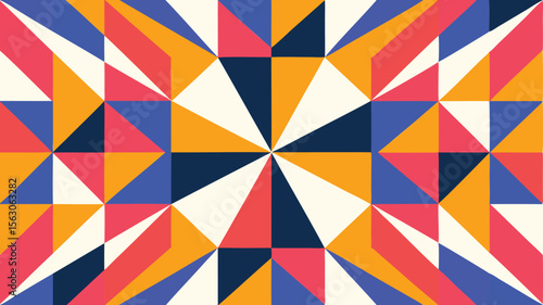 Geometric pattern with triangles and squares in blue orange pink and cream color scheme design art