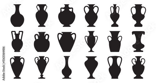 Vector set  silhouettes of ancient amphorae and vases. Greece icon collection. Classic Vase Silhouettes set of black silhouette vases, in various styles, Isolated illustration on white background