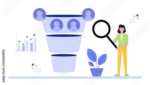 Sales funnel analysis with a magnifying glass for digital marketing, strategic planning, business analytics, market research presentations, and consulting services.